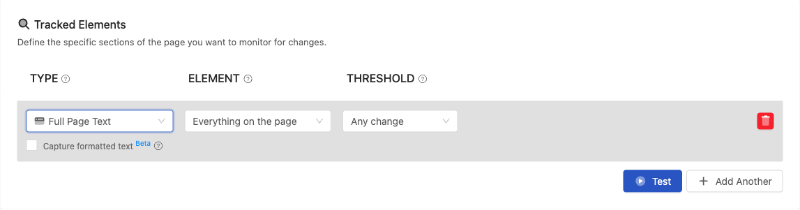 Tracked Elements section where you enter a CSS or XPath selector and use Test to verify what it captures