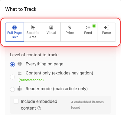 What to Track panel with element type options and content levels (Everything, Content only, Reader mode)