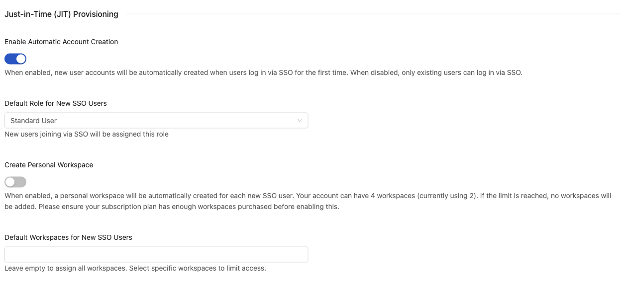 Just-in-Time provisioning settings: Enable Automatic Account Creation, Default Role, Create Personal Workspace, and Default Workspaces