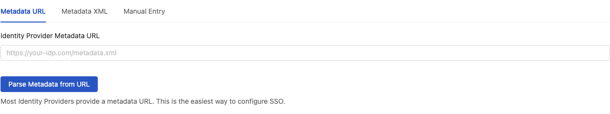 Metadata import tabs in PageCrawl SSO settings: Metadata URL, Metadata XML, and Manual Entry