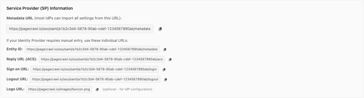 Service Provider Information box showing the Metadata URL, Entity ID, Reply URL (ACS), Sign on URL, and Logout URL