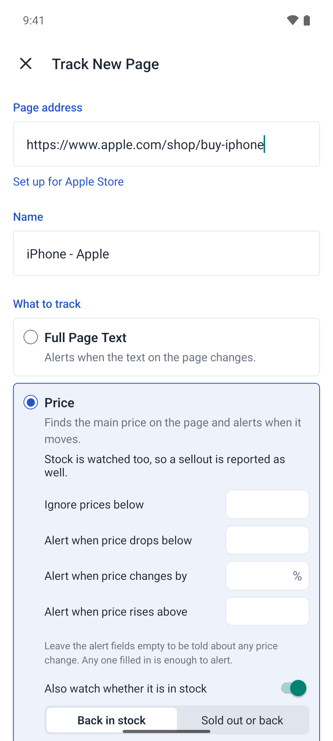 The real Track New Page screen on Android, with the page address filled in
