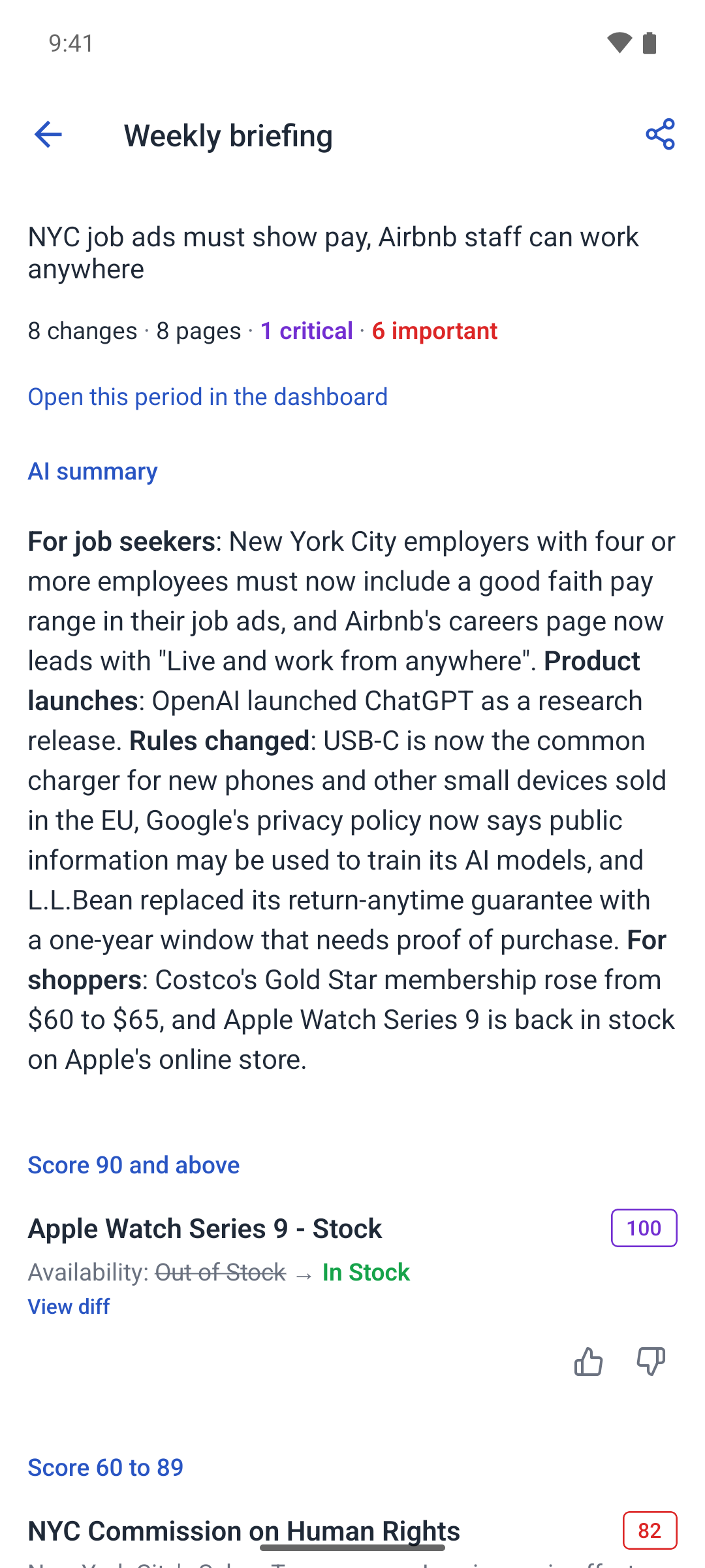 Android weekly briefing with a written summary and changes grouped by importance