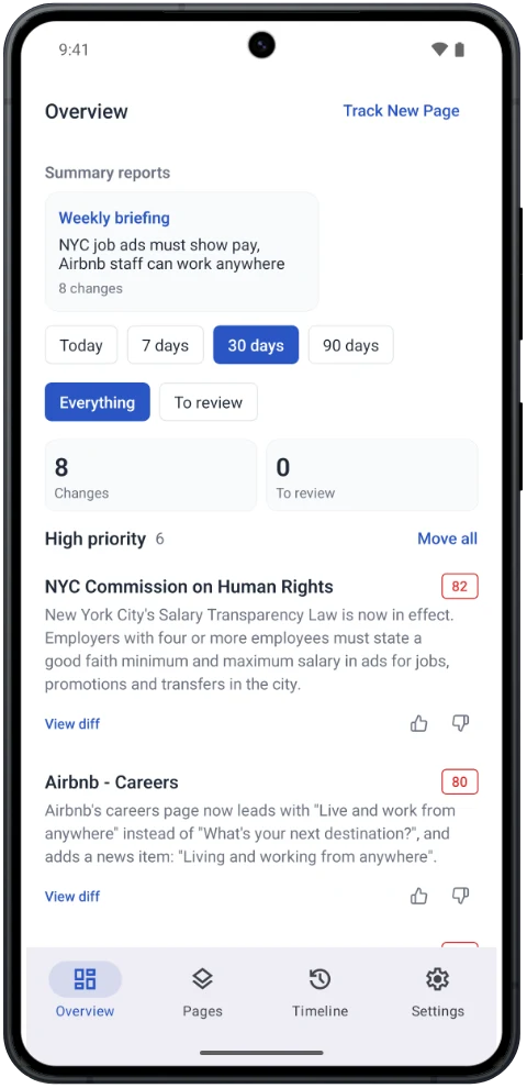 PageCrawl on Android, with change summaries in the Overview