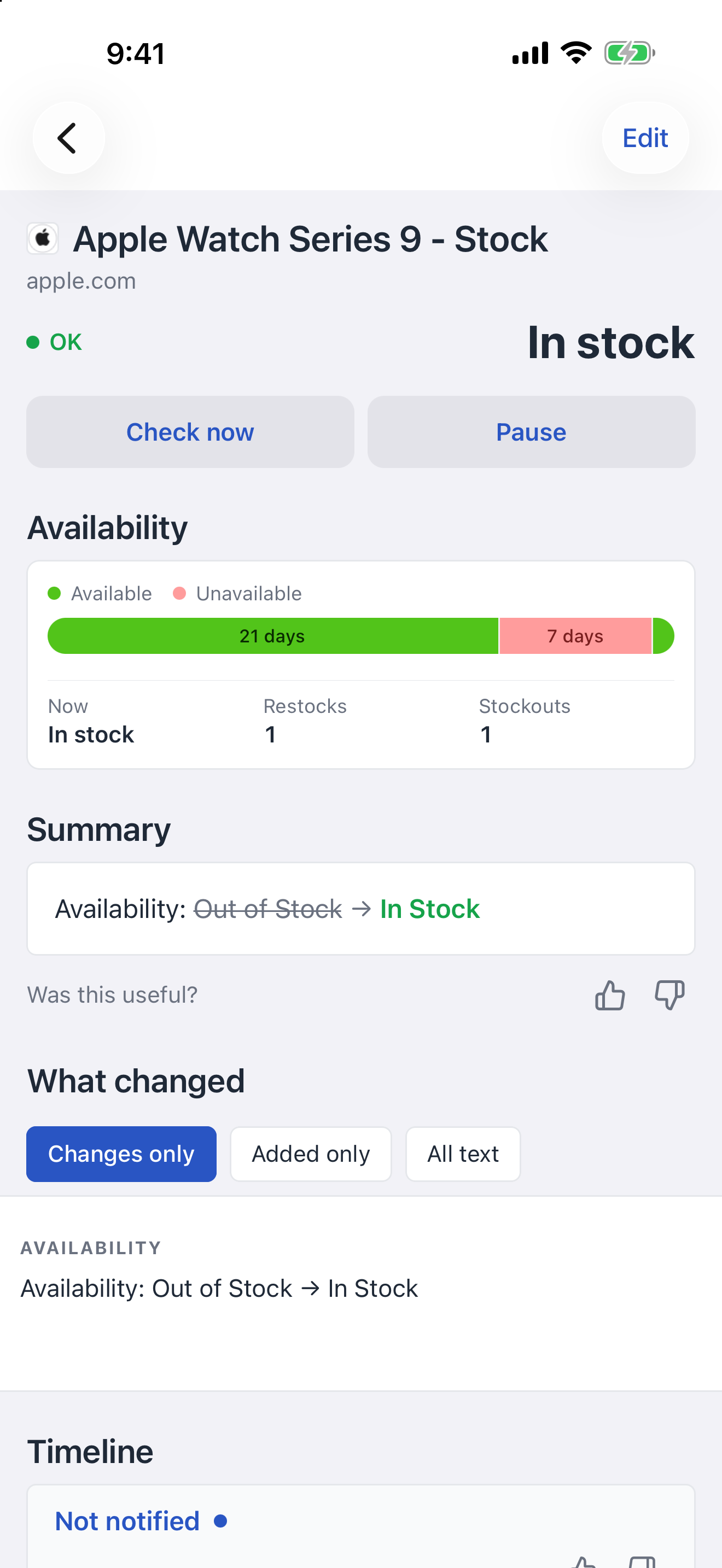 iOS availability history showing in-stock and out-of-stock periods