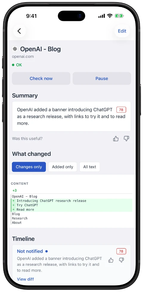 PageCrawl on iOS, showing a summary and the text added to a page