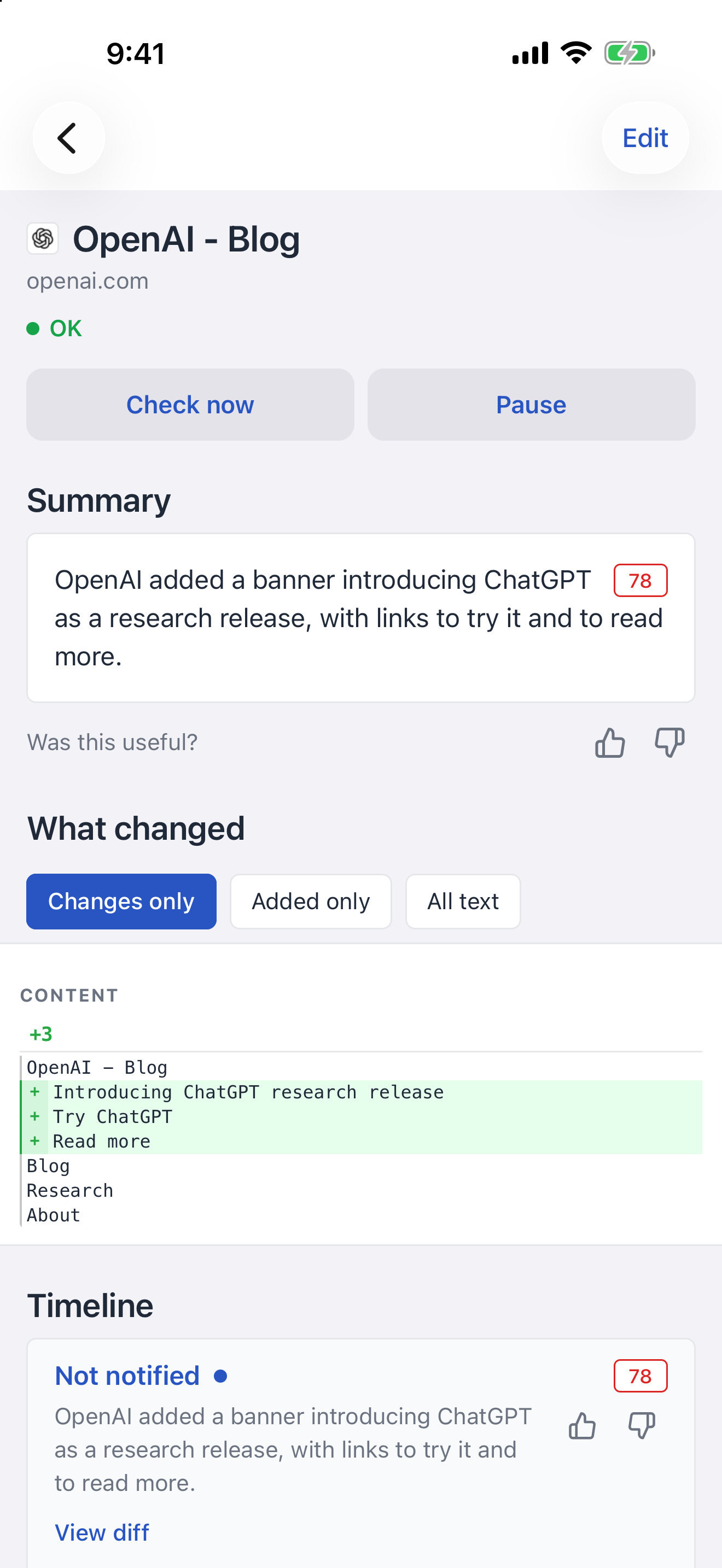 An example change in the iOS app, showing its summary and the added text highlighted in green